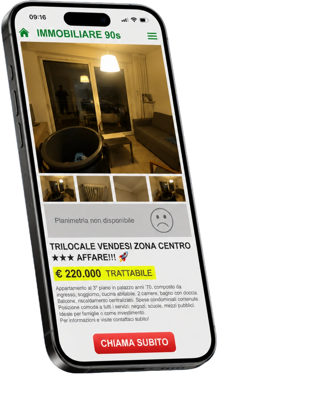 Smartphone con annuncio immobiliare amatoriale: foto buie, planimetria assente, layout disordinato